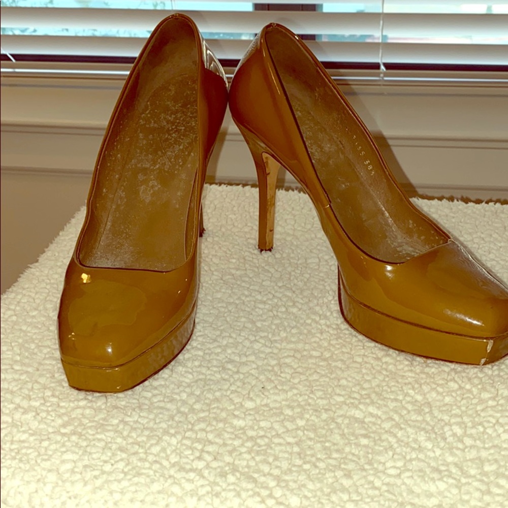 Gucci, dark beige patent, 4.25 heel, .75 platform